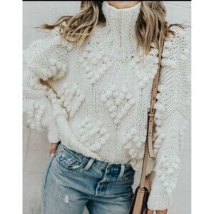 Chicwish Handmade Pom Pom Heart Sweater Med/Large Cream Turtleneck Wool Blend